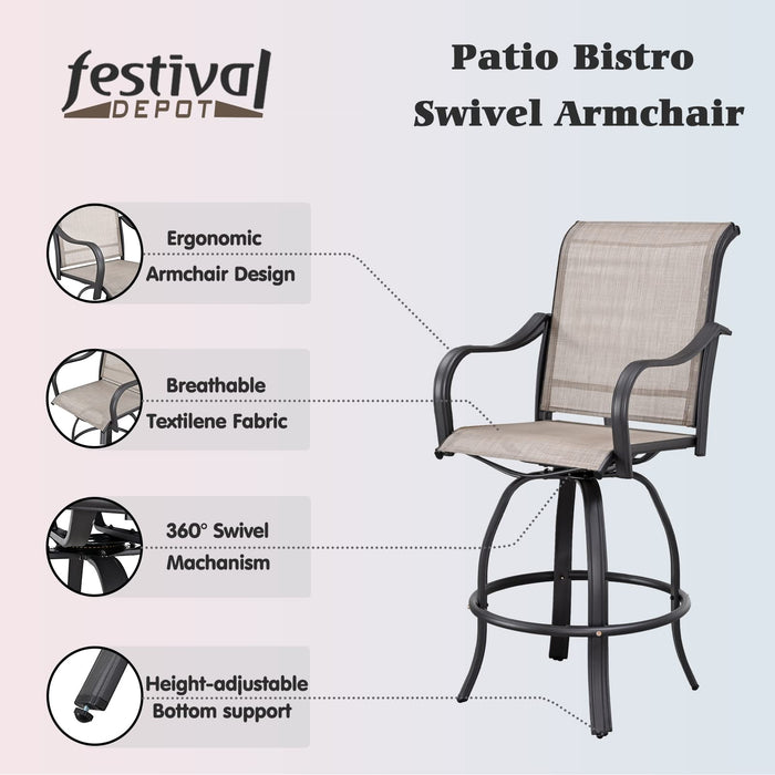 Festival Depot 6-Piece Bar Bistro Patio Outdoor Dining Furniture Sets High Stools 360° Swivel Chairs with Slatted Steel Curved Armrest Square Coffee Side Table Tempered Glass Desktop