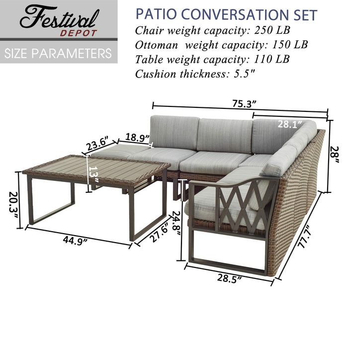 Festival Depot 7pcs Outdoor Furniture Patio Conversation Set Sectional Corner Sofa Chairs All Weather Brown Rattan Wicker Ottoman Slatted Coffee Table with Thick Seat Back Cushions (Grey) 