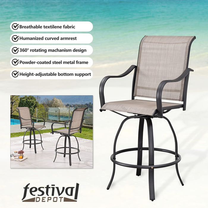 Festival Depot 6-Piece Bar Bistro Patio Outdoor Dining Furniture Sets High Stools 360° Swivel Chairs with Slatted Steel Curved Armrest Square Coffee Side Table Tempered Glass Desktop