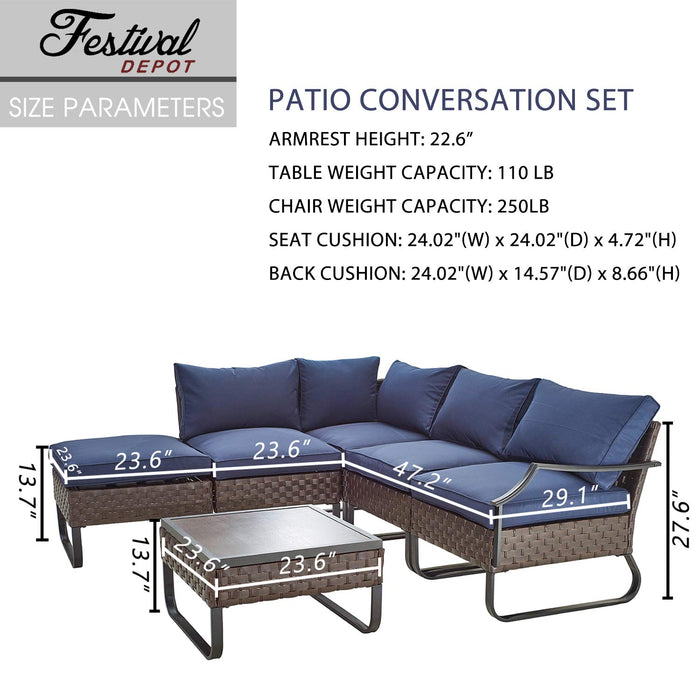 Festival Depot 6 Pieces Patio Outdoor Furniture Conversation Sets Chairs Sectional Corner Sofa, All-Weather Wicker Back Chair with Coffee Square Table and Thick Soft Removable Couch Cushions (Blue) 