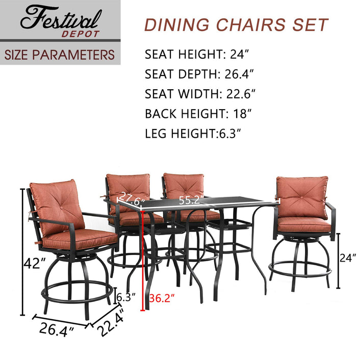 Outdoor Patio Bar Set with High Stool 360° Swivel Armrest Chairs with Soft&Comfort Cushions Square Tempered Glass Top Table