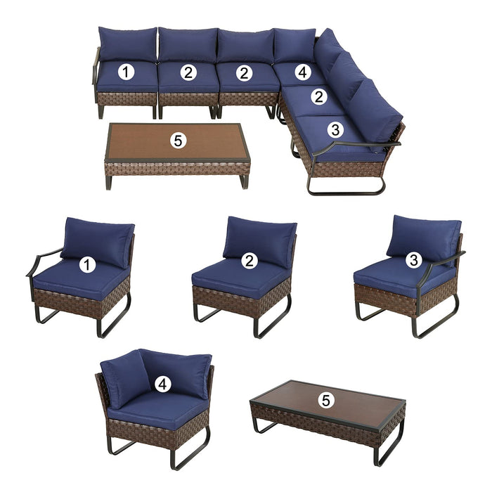 Festival Depot 7 Pieces Patio Furniture Set, All-Weather PE Rattan Wicker Metal Frame Sofa Outdoor Conversation Set Sectional Couch with Cushion and Coffee Table for Deck Poolside (Blue) 