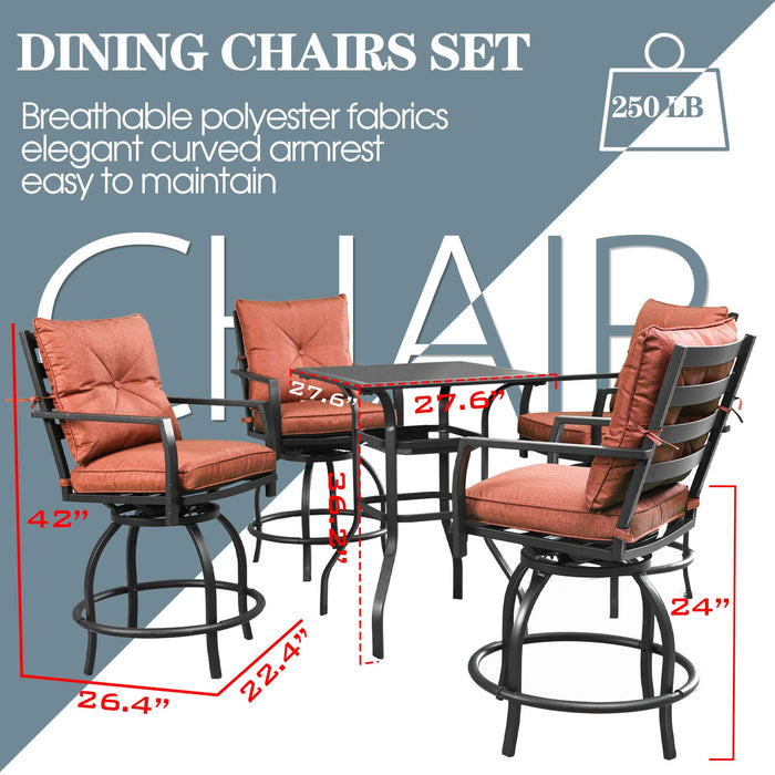 Outdoor Patio Bar Set with High Stool 360° Swivel Armrest Chairs with Soft&Comfort Cushions Square Tempered Glass Top Table