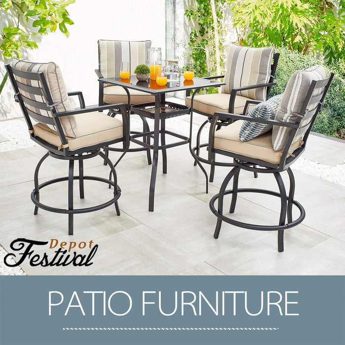 Outdoor Patio Bar Set with High Stool 360° Swivel Armrest Chairs with Soft&Comfort Cushions Square Tempered Glass Top Table