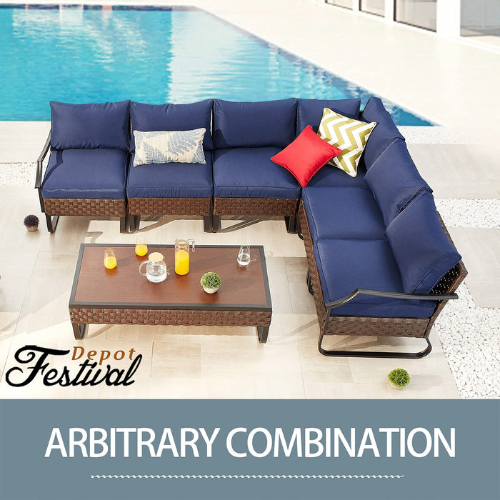 Festival Depot 7 Pieces Patio Furniture Set, All-Weather PE Rattan Wicker Metal Frame Sofa Outdoor Conversation Set Sectional Couch with Cushion and Coffee Table for Deck Poolside (Blue) 