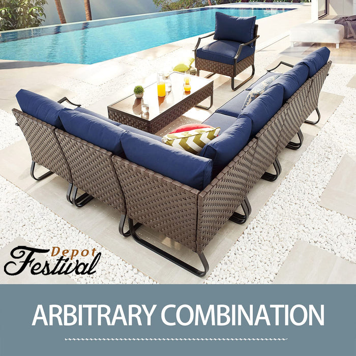 Festival Depot 7 Pieces Patio Furniture Set, All-Weather PE Rattan Wicker Metal Frame Sofa Outdoor Conversation Set Sectional Couch with Cushion and Coffee Table for Deck Poolside (Blue) 