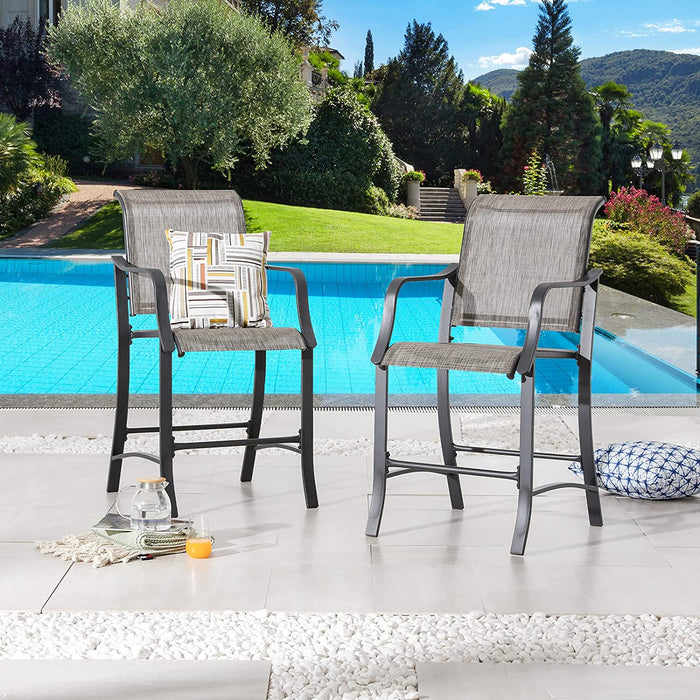 2 Pieces Outdoor Counter Height Bar Stools Patio Furniture Metal Armchair Set, Grey 