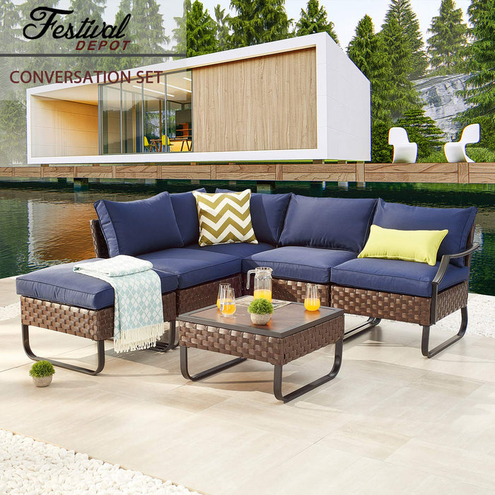 Festival Depot 6 Pieces Patio Outdoor Furniture Conversation Sets Chairs Sectional Corner Sofa, All-Weather Wicker Back Chair with Coffee Square Table and Thick Soft Removable Couch Cushions (Blue) 