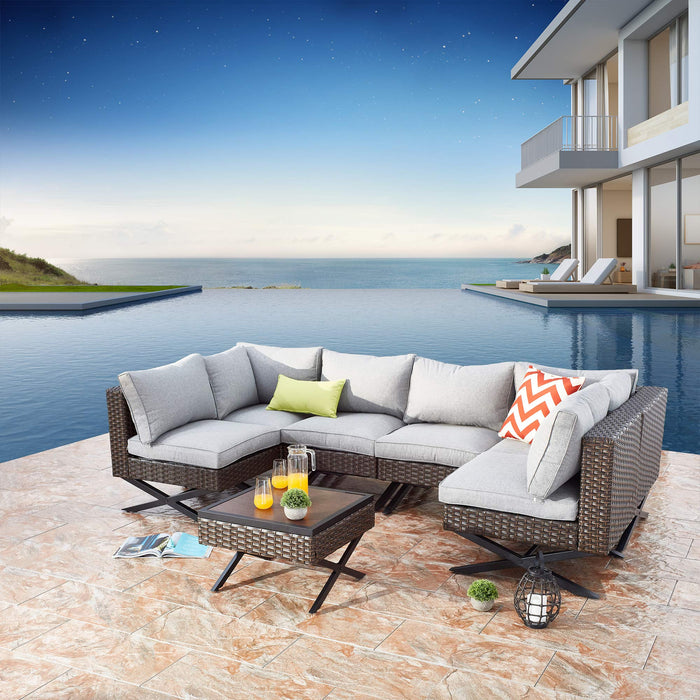 Festival Depot 7pcs Outdoor Furniture Patio Conversation Set Sectional Corner Sofa Chairs with X Shaped Metal Leg All Weather Brown Rattan Wicker Ottoman Side Coffee Table with Grey Seat Back Cushions 