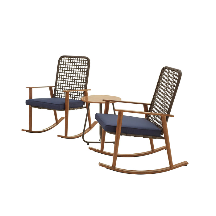 3 Piece Outdoor Wicker Rocking Chair Set of 2 with Cushion and Coffee Side Table Wood Furniture Set for Porch, Garden, Backyard, Khaki 