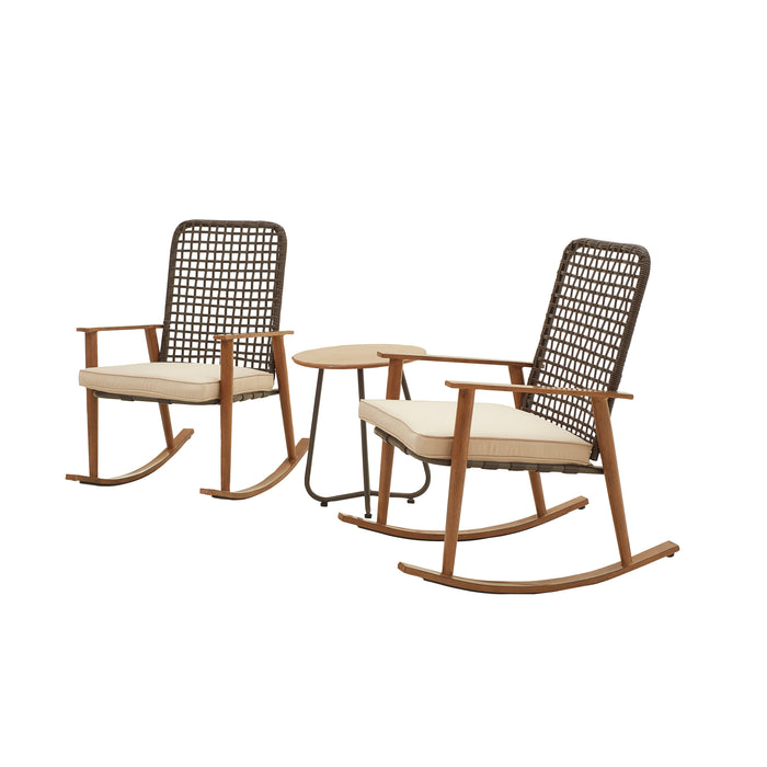 3 Piece Outdoor Wicker Rocking Chair Set of 2 with Cushion and Coffee Side Table Wood Furniture Set for Porch, Garden, Backyard, Khaki 